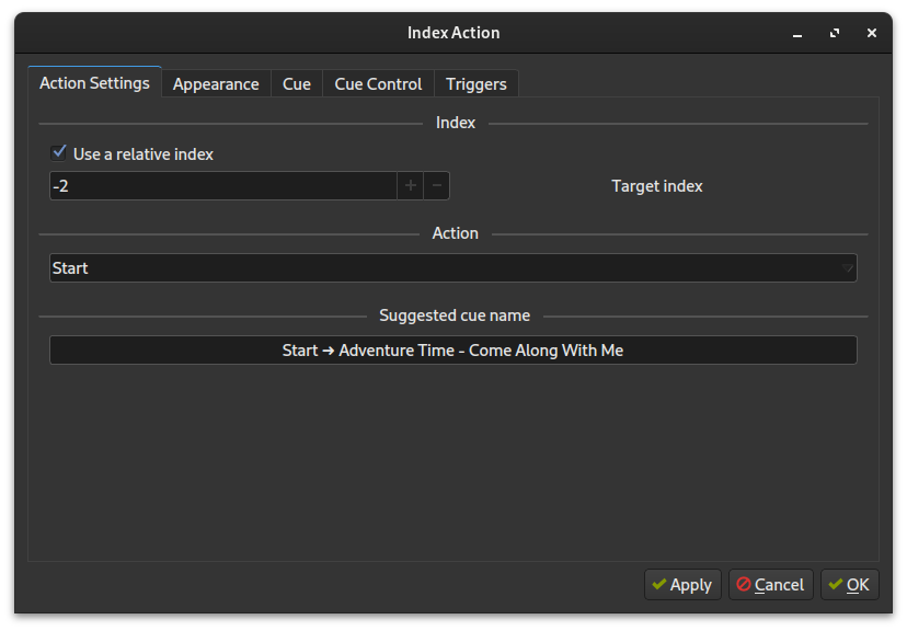 Index Action cue options